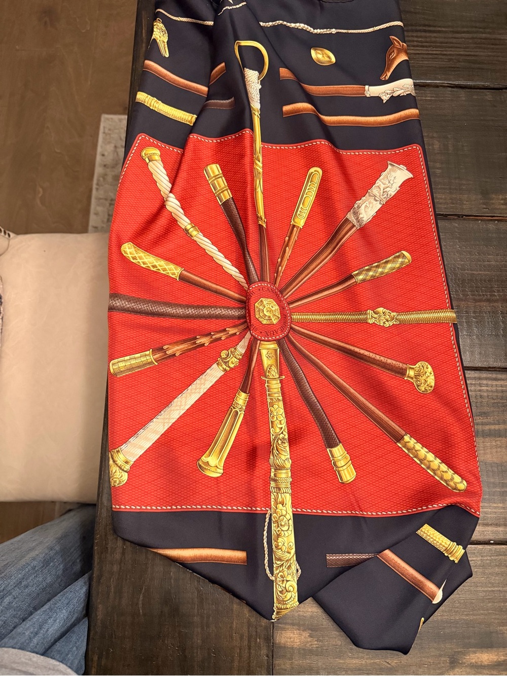 Hermes Red and Navy Silk Scarf with Gold Equestrian Motif